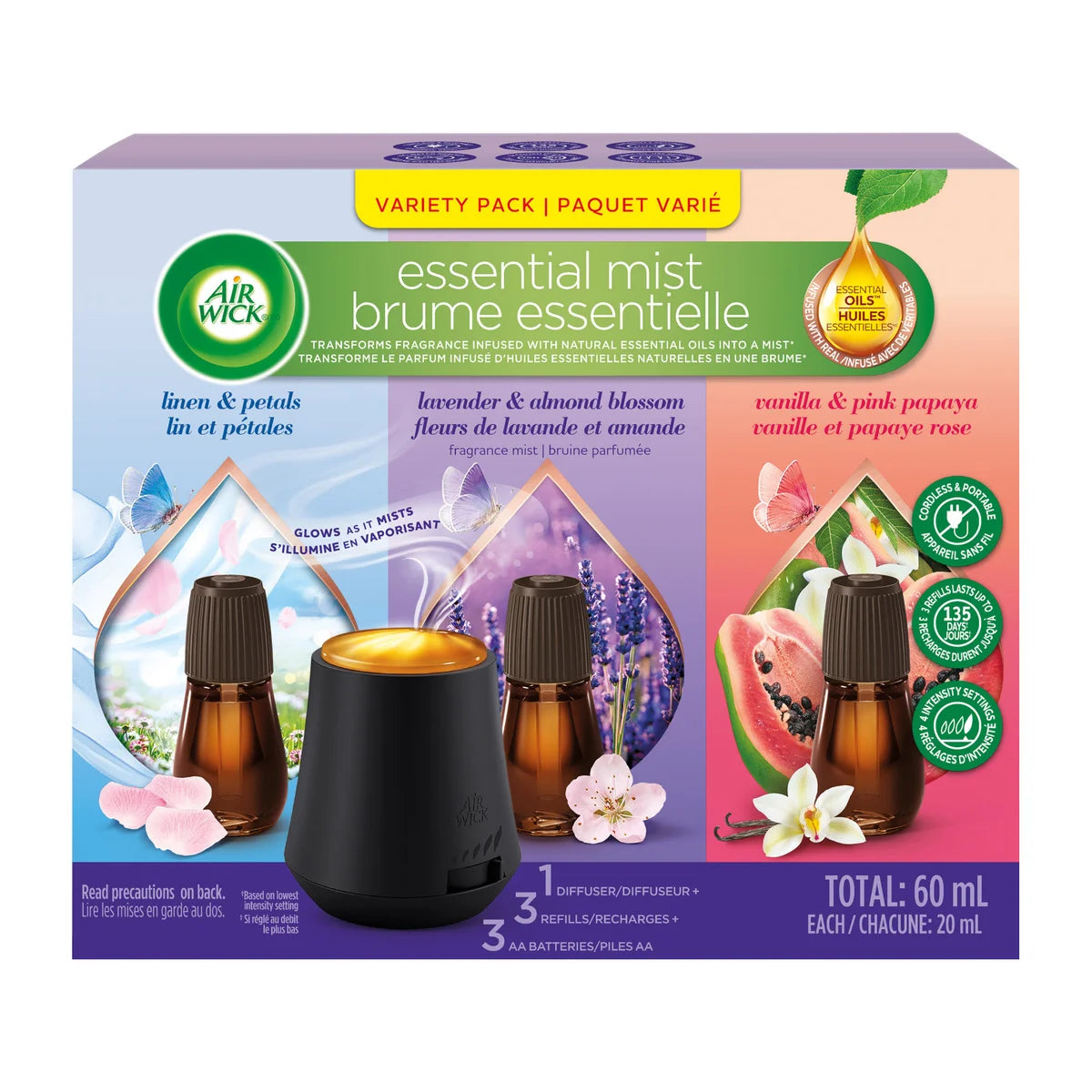 Air Wick Essential Mist Variety Pack, 1 Diffuser & 3 Refills