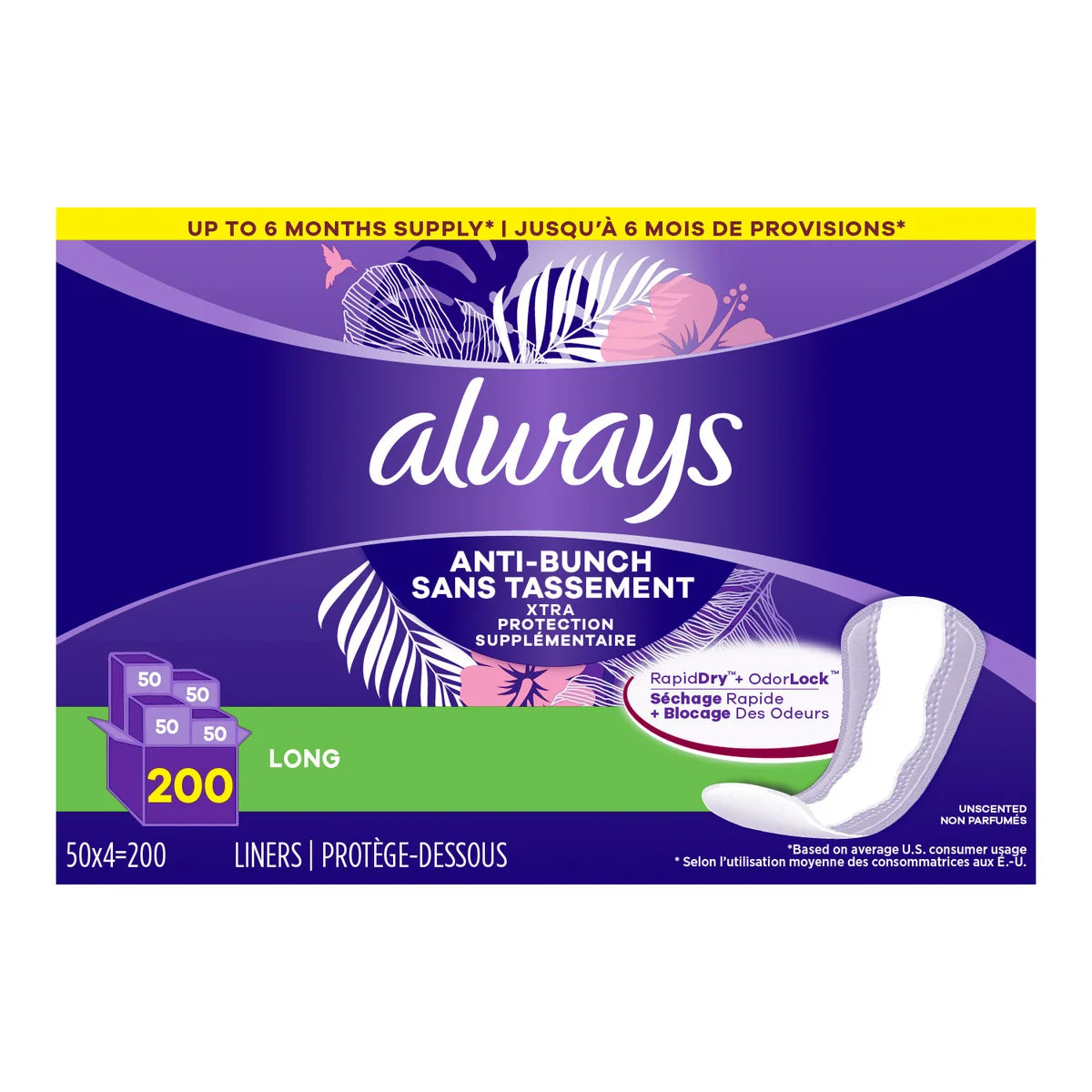 Always Anti-Bunch Xtra Protection Daily Liners Long, 200 Count