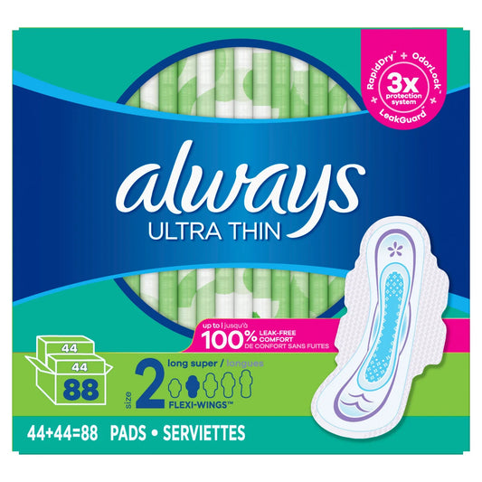 Always Ultra Thin Long Super Pads, Unscented with Wings, 88 Count