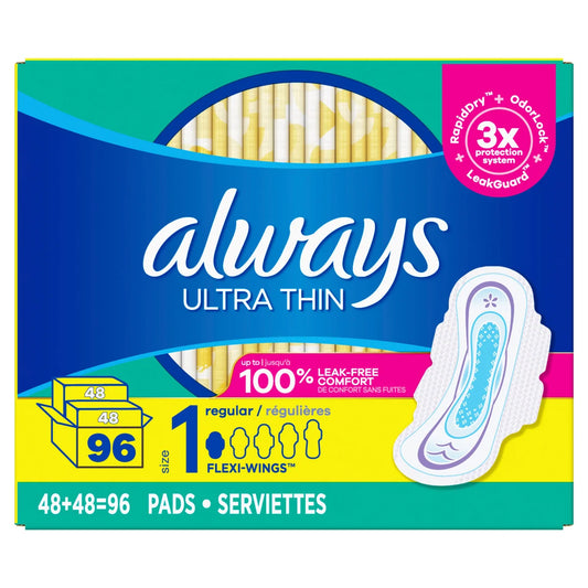 Always Ultra Thin Regular Pads, Unscented with Wings, 96 Count