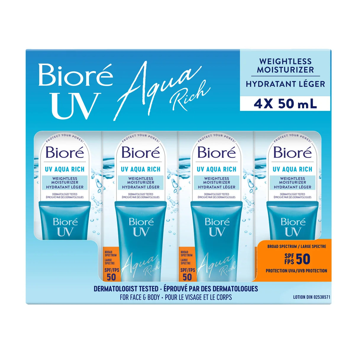 Bioré UV Aqua Rich Weightless Moisturizer SPF 50, 4 x 50 mL