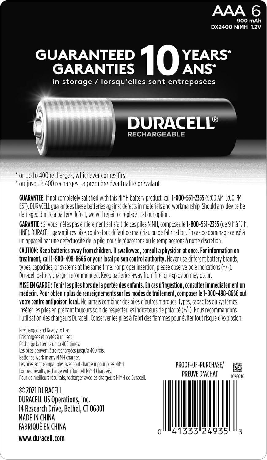 Duracell Rechargeable AAA Batteries, 6 Count Pack, Triple A Battery for Long-Lasting Power, All-Purpose Pre-Charged Battery for Household and Business Devices