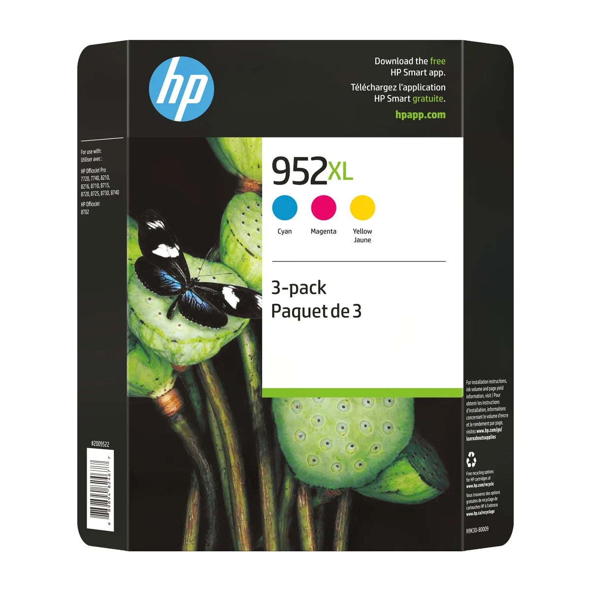 HP 952XL Cyan, Magenta and Yellow High Yield Original Ink Cartridges (N9K30BN) Combo pack