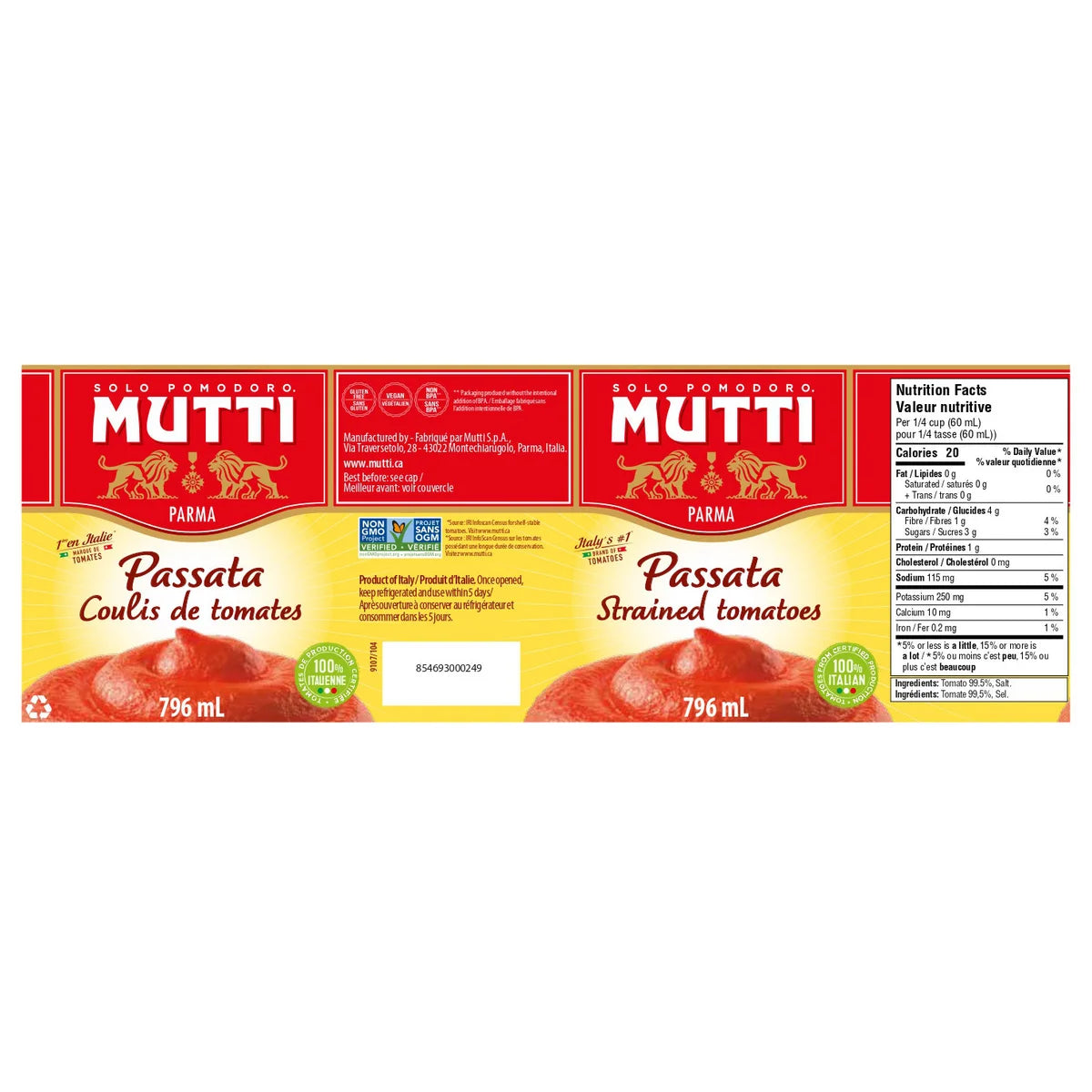 Mutti Parma Strained Tomatoes, 6 x 796 mL