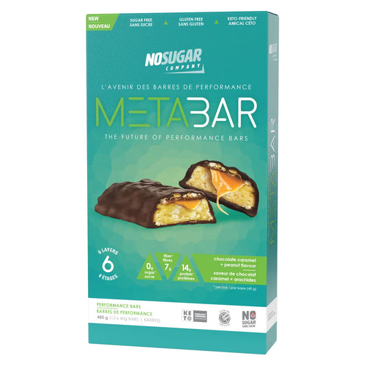 No Sugar MetaBar, Chocolate Caramel & Peanut Flavour Performance Bars, 12 × 40 g