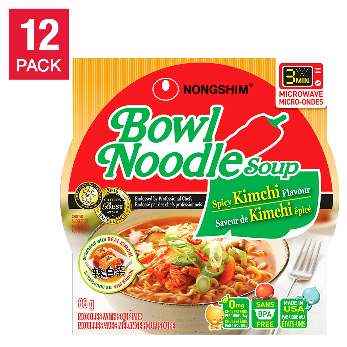 Nongshim Bowl Noodle Soup, Spicy Kimchi 86 g, 12 x 86 g