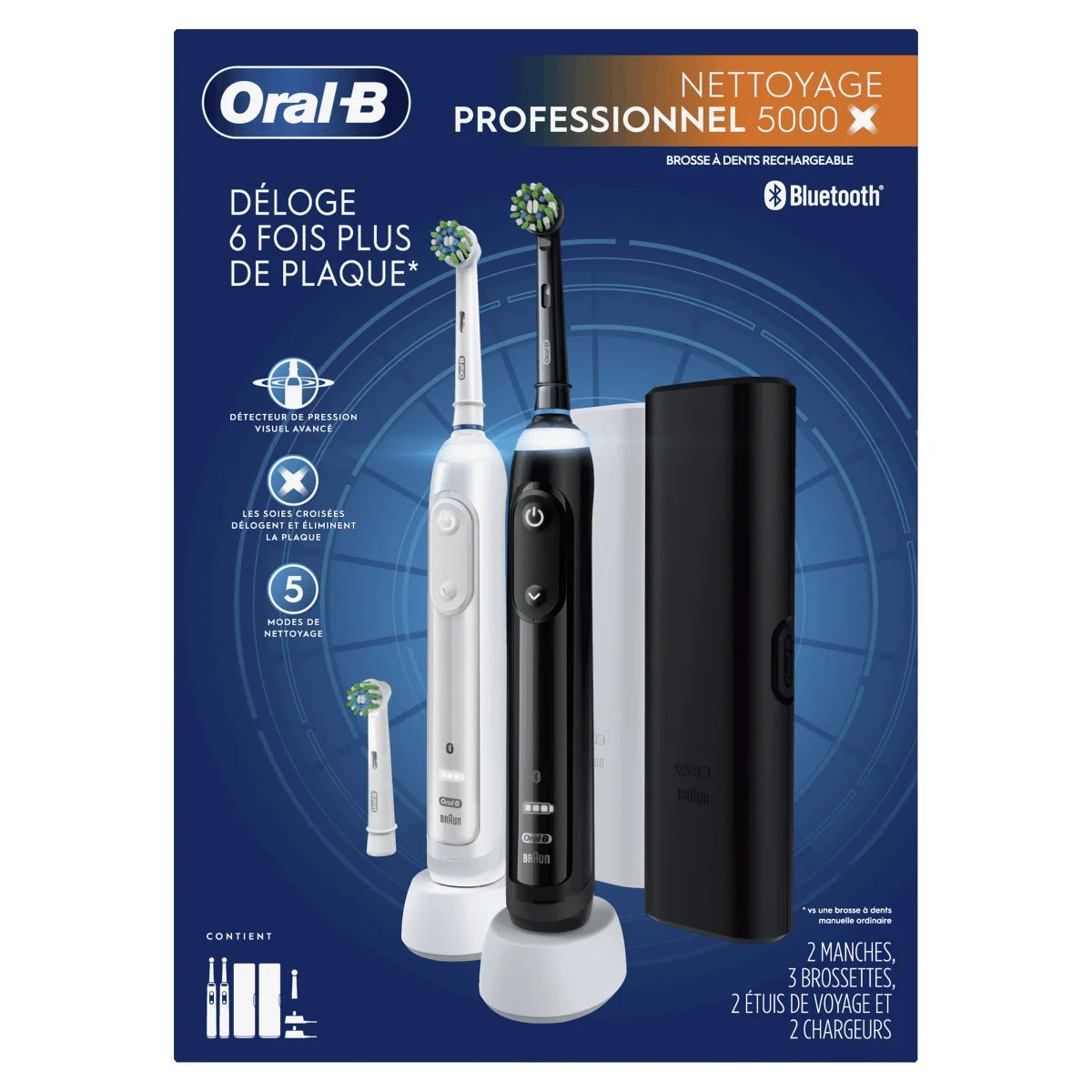 Oral-B Professional Clean 5000 X Electric Toothbrush Twin Pack, Rechargeable Power Toothbrushes, Black & White