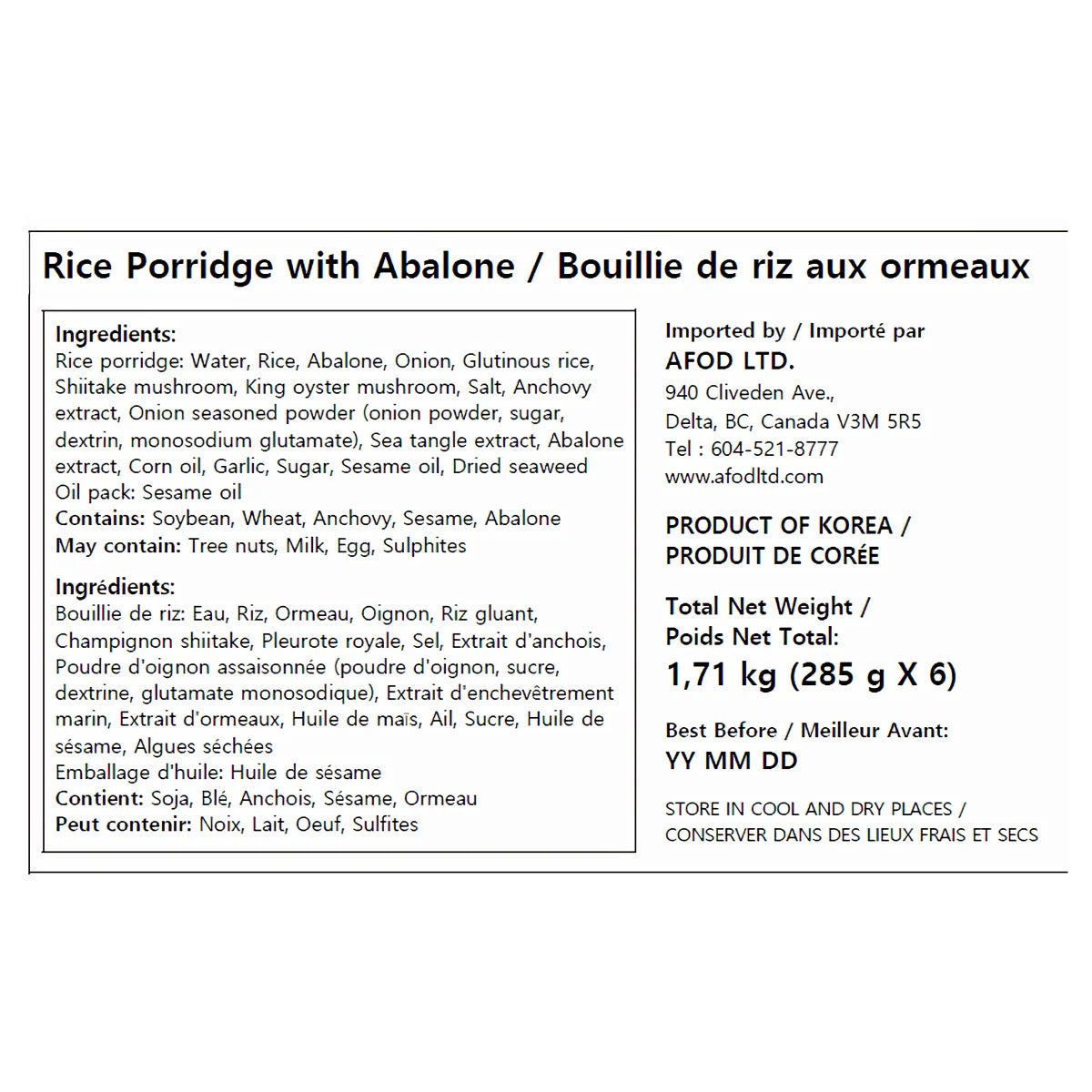 Ottogi Rice Porridge with Abalone Bowls, 6 × 285 g