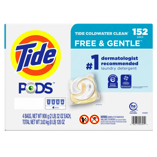 Tide PODS Liquid Laundry Detergent Pacs, Free & Gentle, 152-count