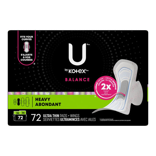 U by Kotex Balance Ultra Thin Pads with Wings, Heavy Absorbency, 72-count