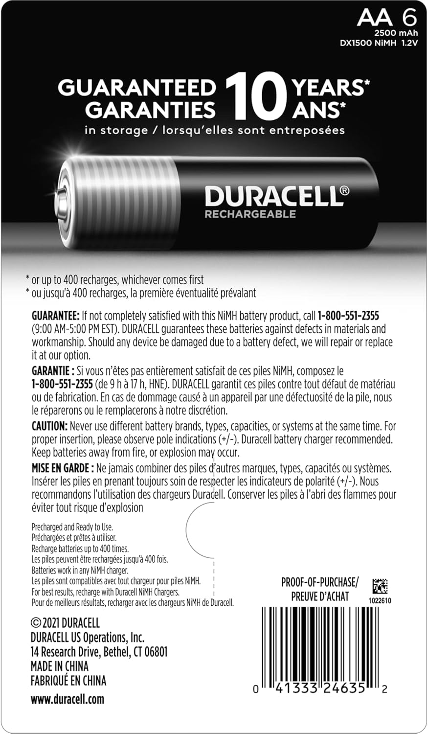 Duracell Rechargeable AA Batteries, 6 Count (Pack of 1), Double A Battery for Long-Lasting Power, All-Purpose Pre-Charged Battery for Household and Business Devices